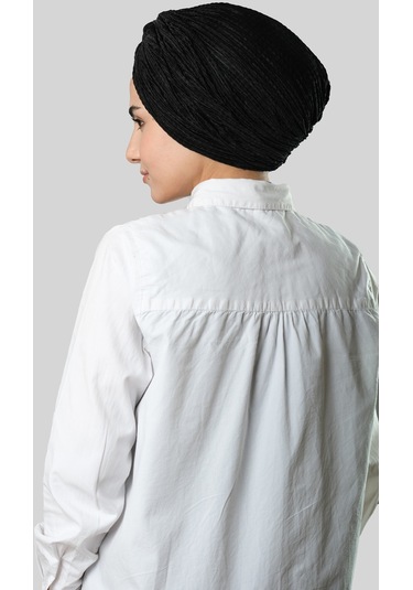 Siyah Çapraz Büzgülü Piliseli Tesettür Bone Fukuro Kendinden Desenli 2316 01 Siyah