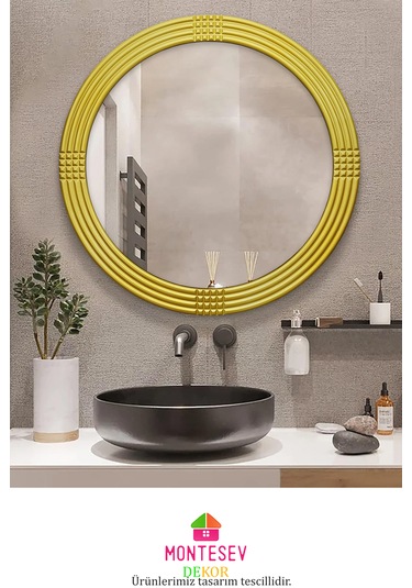 Afir Ahşap Gold Yuvarlak Ayna Işlemeli Duvar Banyo Aynası 69 Cm Gold