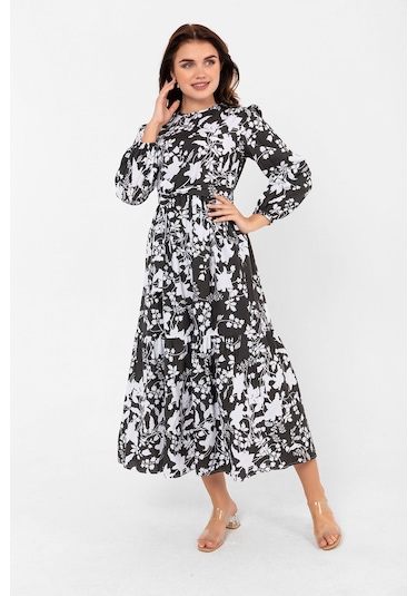 Yaprak Desenli Renkli Pamuklu Yazlık Baharlık Kuşaklı Elbise 2101 Siyah