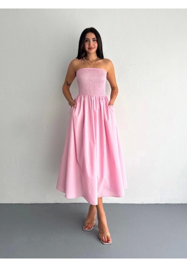 Straplez Pileli Elbise - Pembe Pembe
