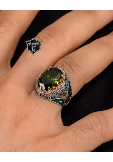 925 Ayar Gümüş Erkek Yüzüğü Peridot Taşlı Zirkon Taş Süslemeli