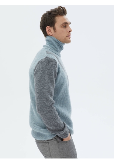 Mint Tam Balıkçı Yaka Desenli Yün Karışımlı Triko Mint