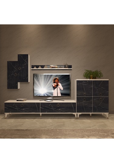 Decoraktiv Eko 6 Mdf Std Gold Tv Ünitesi Tv Sehpası Beyaz - Siyah Mermer