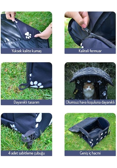 Yuga Pati Desenli Siyah Kedi Evi Isı Ve Yağmur Korumalı