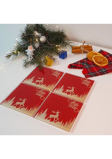 Decorita Cam Bardak Altlığı Mutlu Yıllar Kırmızı Silüet 4'lü Takım Kırmızı