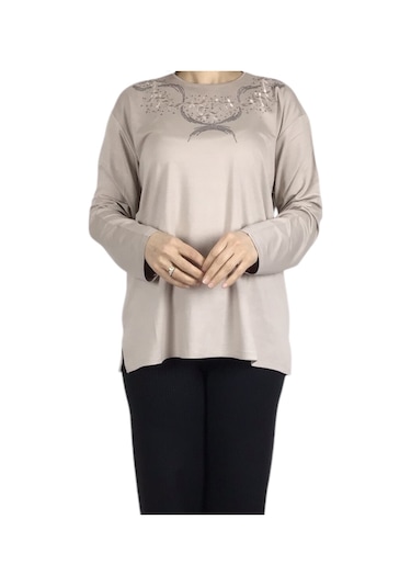 Kadın Yakası Taşlı Likralı Büyük Beden Bluz Arpbattal1 Krem