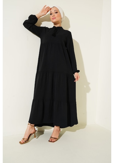 1627 Yaka Bağcıklı Tesettür Elbise - Siyah 001