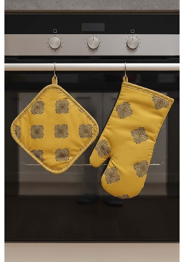 Sarı Etnik Desen 2 Li Fırın Eldiveni & Tutacak Seti Çok Renkli