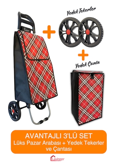 Pazar Arabası Plus Avantajlı 3' Lü Set Pazar Arabası + Yedek Tekeri + Yedek Çantası. Kırmızı
