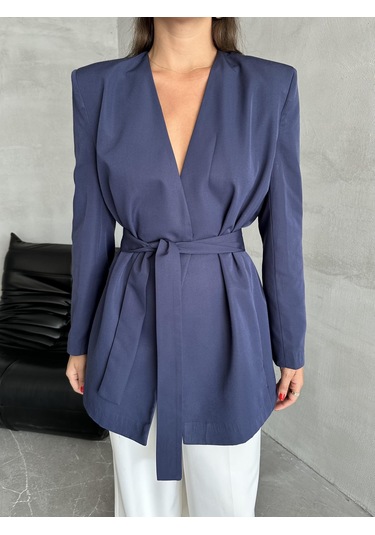 Lacivert Elegant Kuşaklı Ceket Lacivert