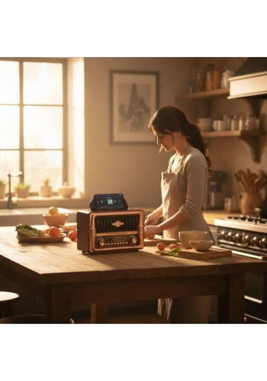 Ns-8079 Büyük Boy Telefon Tutma Aparatlı Retro Ahşap Tasarım Bluetooth Hoparlörlü Radyo Fm/am-437