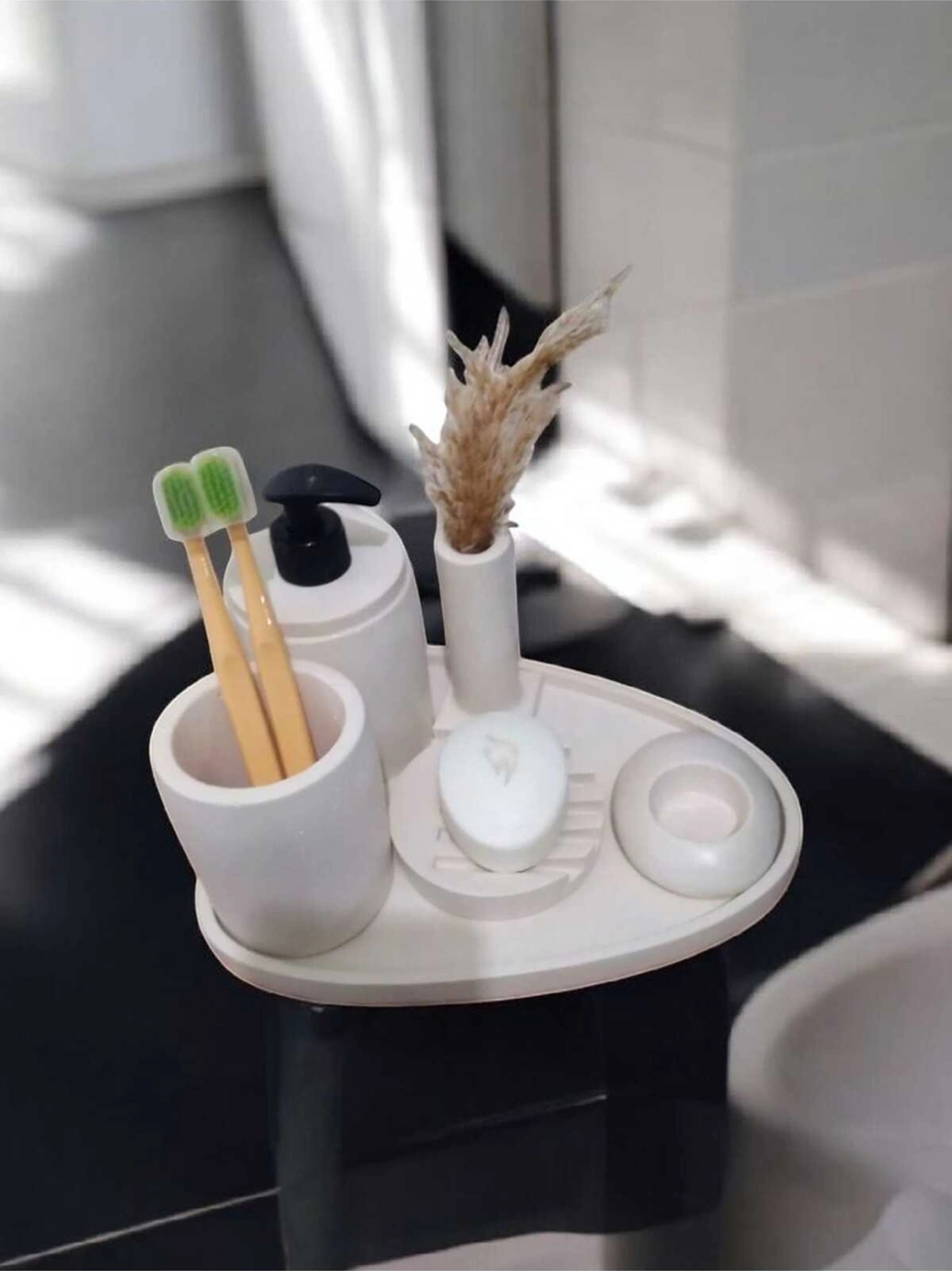 6'lı Kırık Beyaz Beton Banyo Seti Sıvı Sabunluk Diş Fırçalığı ,tepsili,mumluklu Aksesuar Takım Beyaz