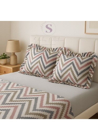 Chevron Desenli Fırfırlı % 100 Pamuk Çift Kişilik Nevresim Takımı Çok Renkli