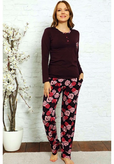 Kadın Mor Patlı Bisiklet Yaka Uzun Kollu Pijama Takım EDY2636UK-M Mor