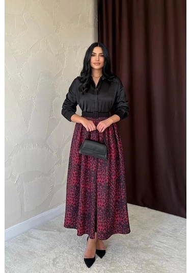 Bordo Leopar Büzgülü Uzun Etek Bordo