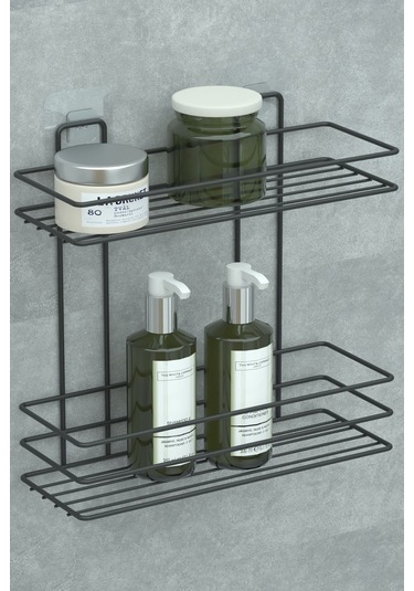 Yapışkanlı 2 Katlı Banyo Rafı Duş Şampuanlık Duvar Düzenleyici Organizer Siyah