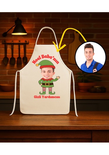 Kişiye Özel Karikatür Fotoğraflı Mutfak Önlüğü Noel Babanın Gizli Yardımcısı Çok Renkli