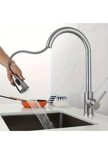 Trendooze Modern Siyah 360 Derece Döner Başlıklı Çekmeli Paslanmaz Çelik Parmak İzi Geçirmez Musluk