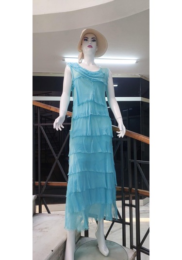 Italyan 2 Beden İnce Gösteren Kat Kat Kolsuz Ipek Elbise-8769 Açık Turkuaz