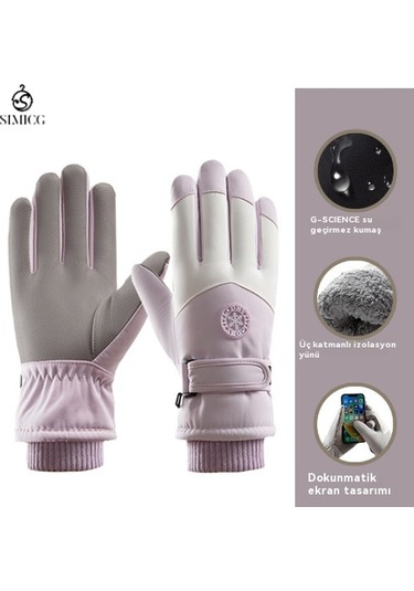 Kayak Sıcak Rüzgar Geçirmez Su Geçirmez Dokunmatik Ekran Eldiveni Mor Beyaz