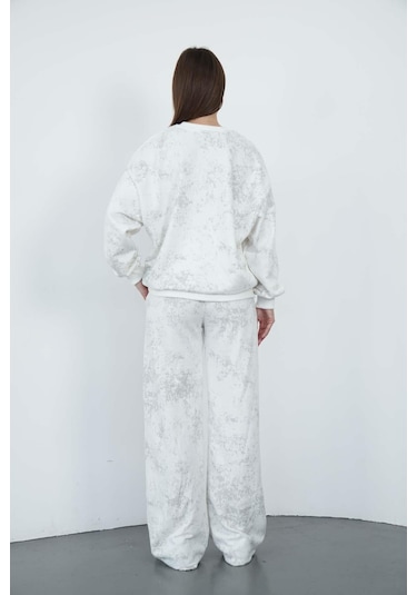 Penyebizden Oversize Sweatshirt & Geniş Paça Eşofman Altı Takım-ekru-gri Baskılı