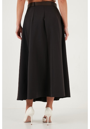 Lela Modest Kemerli Comfort Fit Yüksek Bel Pileli Kloş Uzun Tesettür Bayan Etek 6833360 Koyu Kahve