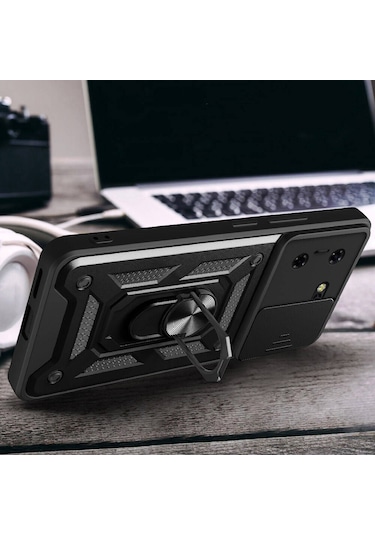 Zore Tecno Pova 5 Kılıf Magnetik Standlı Kamera Korumalı Msra Sürgülü Vega Kapak - Siyah Siyah