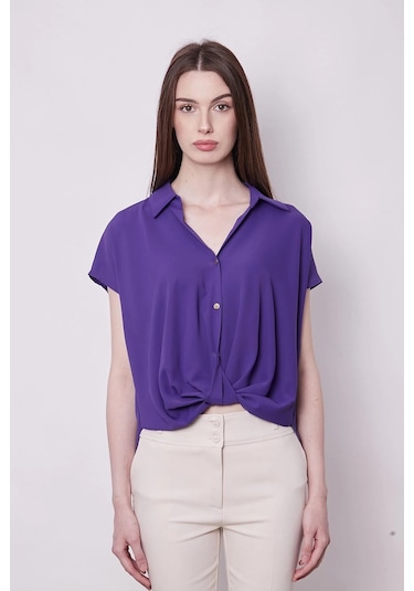 Likrasız Şık Kumaş Yakalı Düşük Omuzlu Önü Pileli Gömlek-eflatun Eflatun