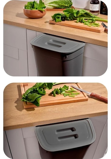 Flosoft Dolap İçi Kapaklı Asılabilir Çöp Kovası, Dolap Kapağı Askılı Çöp Kutusu Füme 7 Litre Füme