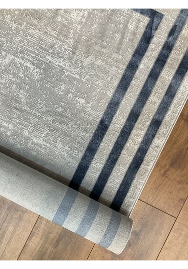 Saraz Halı Çerçeve Model Bambu Yıkanabilir Parlak Halı Mavi Çizgi Mavi-gri