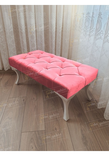 Kapitoneli Ayak Ucu Kapı Önü Antre Bench Puf Beyaz Ayak 120 45 Pembe