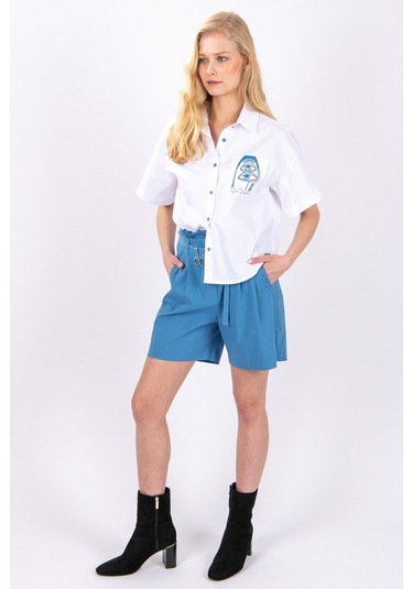 Kadın Soyut Baskılı Kısa Kollu Gömlek Frn6003 Mavi