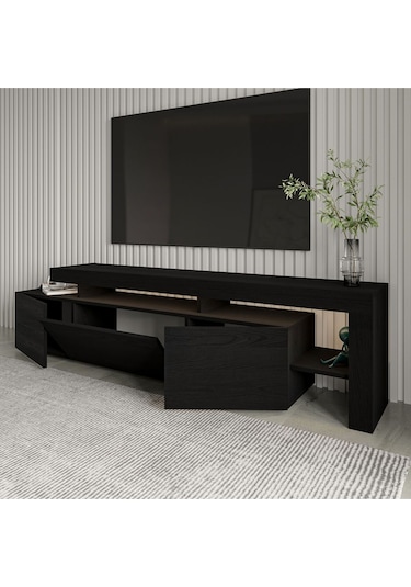 Beliz Modern LED Işıklı 3 Kapaklı, Raflı TV Sehpası – 192 cm, Ahşap Siyah