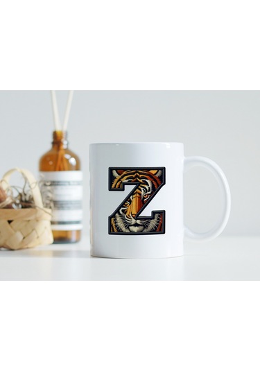 Z Harfi Kaplan Figürlü Nakış Desenli Kupa Bardak - Kişiye Özel Vahşi Hayvan Desenli Kupa - Hediye Beyaz