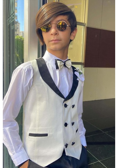 Riccotarz Erkek Çocuk Şal Yaka Düğme Detaylı Beyaz Cepken Yelek Gabardin Gömlek Takım Elbise Beyaz