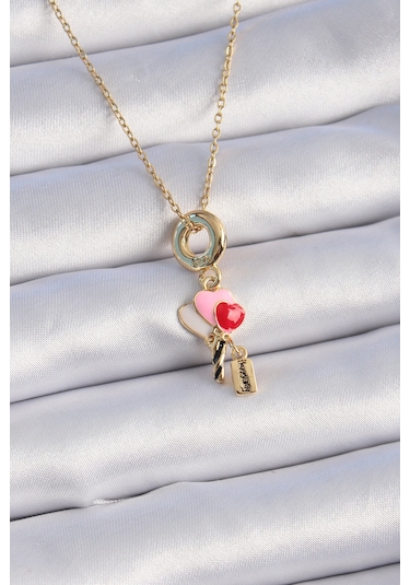 Gold Renk Renkli Kalp Figür Charm Model Kadın Kolye - Ebj241012w28477 Bakır