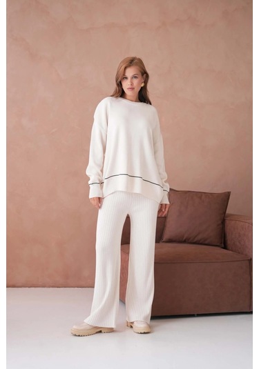 Kadın Bisiklet Yak Adüşük Kol Kazak Fitilli Pantolon İkili Triko Takım Taş