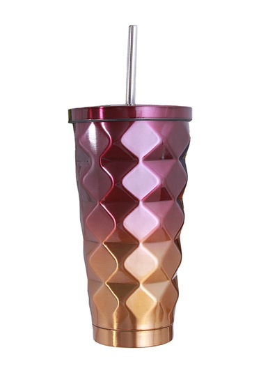 Kosona 500ml Mor Gradyan Diamond Desenli 304 Paslanmaz Çelik Vakumlu Isı Saklama Bardak, Pipet Ve Kapaklı, Ofis/seyahat İçin Diğer