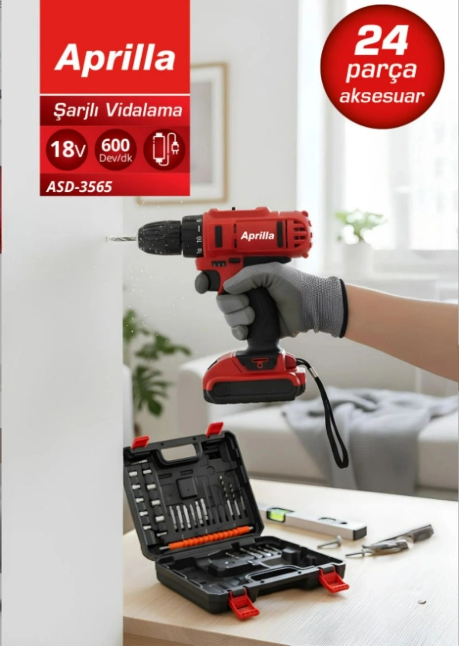 Aprilla ASD-3565 Şarjlı Vidalama + 24 Parça Aksesuar Seti
