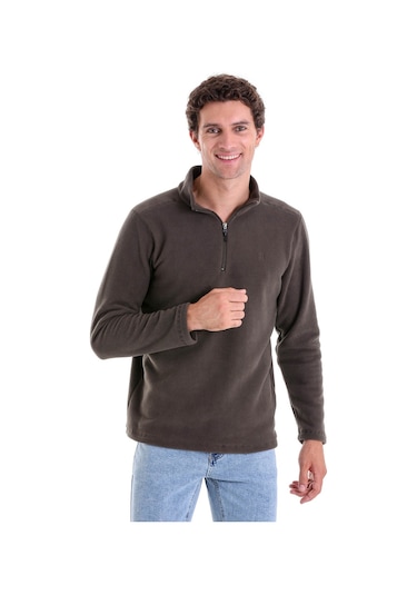 Hatemoğlu Regular Fit Düz Tam Boy Fermuarlı Polar Sweatshirt Haki