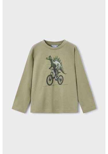 Erkek Çocuk Normal Kalıp Uzun Kollu Dinozor Baskılı T-shirt - Yeşil Kahverengi
