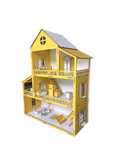 Ahşap Oyun Evi 60Cm 14 Eşya Sarı Led Işıklı