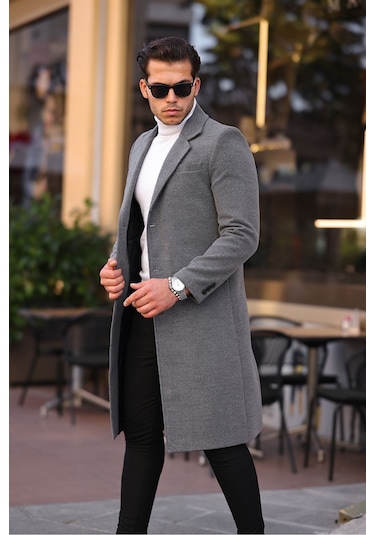 Erkek Gri Dar Kesim Uzun Yün Karışımlı Kaşe Kaban Gri