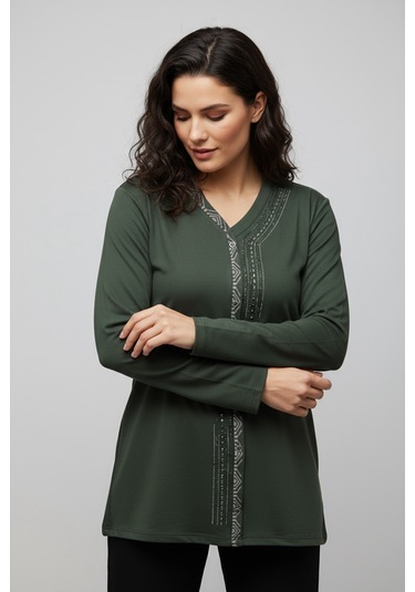Kadın Önü Kapalı Düğme Detaylı Taşlı Nergis Mevsimlik Bluz Haki