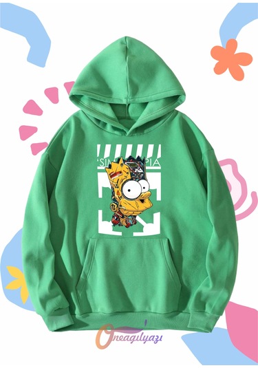 Çocuk Unisex Simpson Baskılı Oversize Kapüşönlü Sweatshirt Yeşil