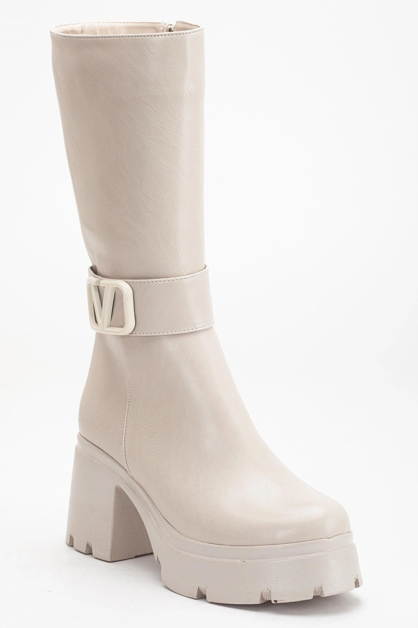 Bej Kadın Platform Topuklu Çizme Diz Altı Suni Deri Kemer Tokalı-4270 Bej