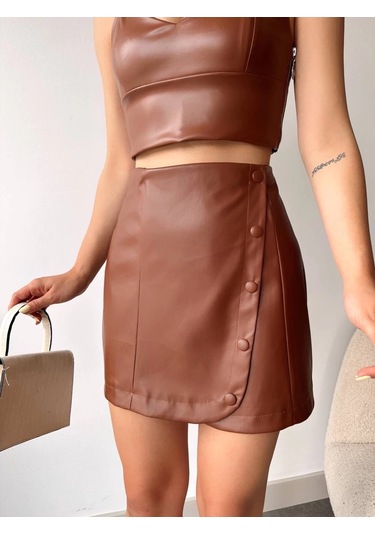 Beş Düğmeli Oval Deri Etek Kahve H240068 Kahve