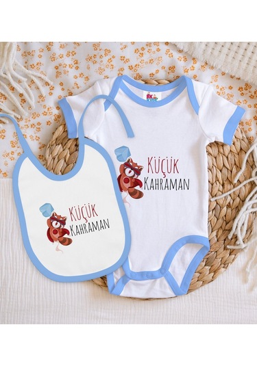 Bk Kids Küçük Kahraman Tasarımlı Mavi Bebek Body Zıbın Ve Mama Ön Çok Renkli