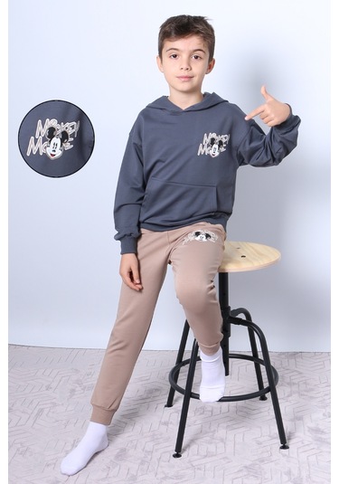 Erkek Çocuk Kapşonlu Eşofman Takımı Mickey Mouse Sırt Baskılı Ribanalı F3 Bej