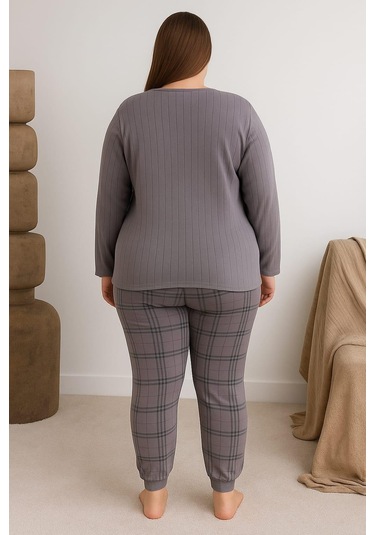 Kadın 0267 Büyük Beden Raporlu Pijama Takımı Füme Füme